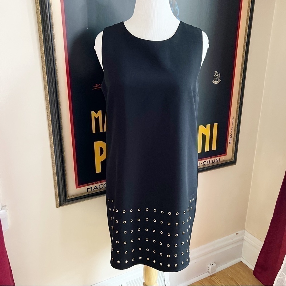 Vince Camuto Black Sheath Dress with Exposed Gold Zipper and Gold Rivets Size 12